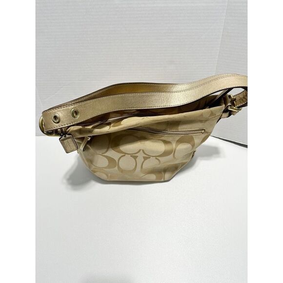 Coach Beige Signature Canvas C Print Canvas Leather Trim Hobo Shoulder Bag Gold - Picture 6 of 12
